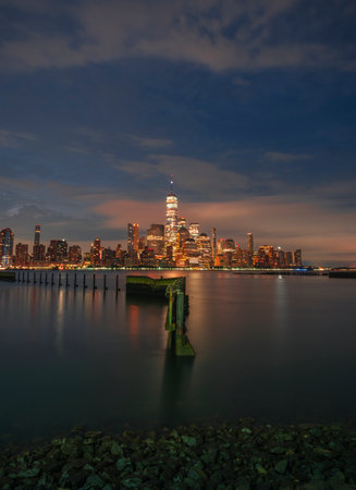 Manhattan sunrise reflections lights colors seaの写真素材