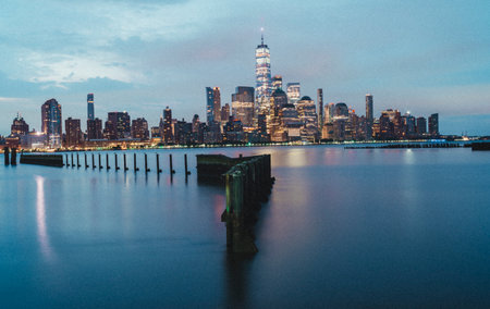 manhattan sunrise panorama views color blueの写真素材