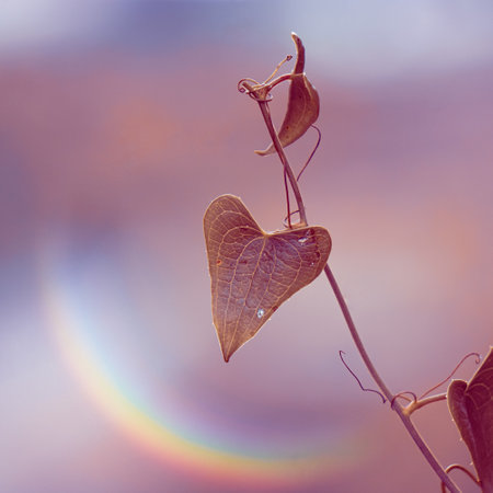 red leaf with heart shape in autumn season, pink backgroundの写真素材