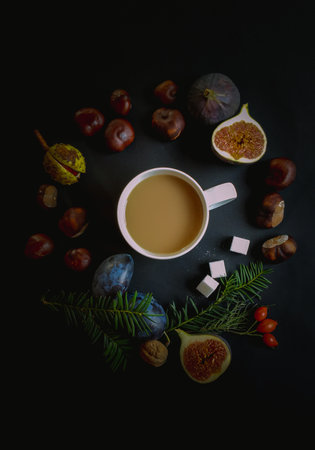 A cup of tea, coffee with milk - autumn-winterの写真素材