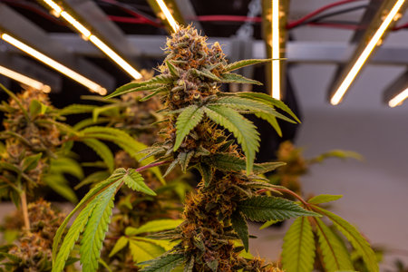 Premium indoor Cannabis bud being grown under LED lightsの写真素材