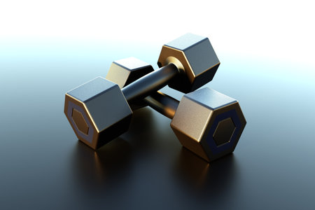 Black dumbbells on grey background. 3D Renderの写真素材