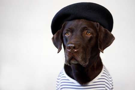 Portrait of a serious dog in a beret and striped t-shirtの写真素材