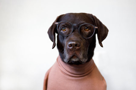Close up dog with glasses and a sweater.の写真素材