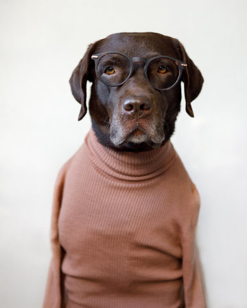 Dog with glasses sweater. Labrador retriever in human clothesの写真素材