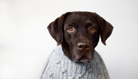 An old dog in a sweater looks at the camera.の写真素材