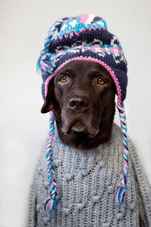 Dog Labrador retriever in a sweater and ethnic hat. Headshotの写真素材