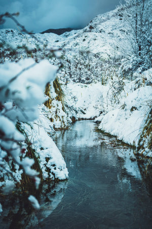 frozen river in the andesの写真素材
