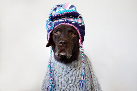 Dog labrador retriever in a sweater and ethnic hat.の写真素材