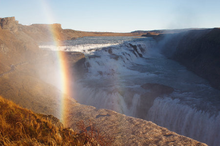 Gullfoss iceland waterfall and rainbowの写真素材