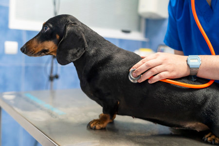 Dachshund in a veterinary clinic.の写真素材