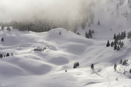 an alpine chalet covered with snowの写真素材
