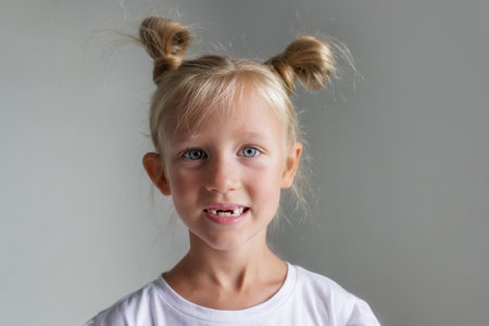 portrait of a little girl whose milk teeth fell outの写真素材