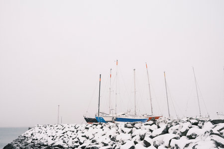 Sailboats moored in port in winterの写真素材