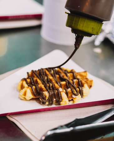 Delicious waffle with chocolate syrup to take on the goの写真素材