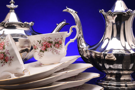 China tea set with silver tea & coffee potsの写真素材