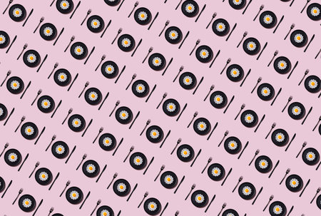 Modern Pattern of fried eggs on plate. Creative Scrambled Eggsの写真素材