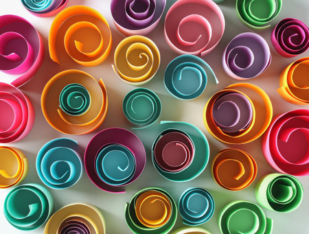 colored paper swirl pattern. Rainbow paper rollsの写真素材