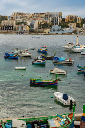 The panorama of harbour on St Paul's Bay with fishing boats, Maltaのeditorial素材