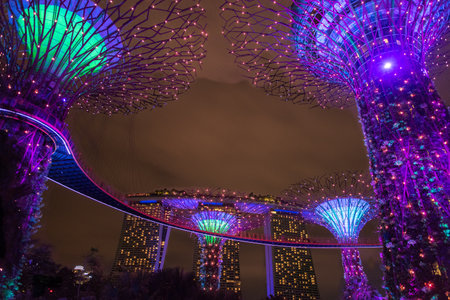 Singapore City, Marina Bay Sands and Gardens by the Bay trees.のeditorial素材