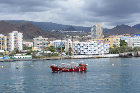 Los Cristianos beach and Adeje coastline in summer , in Tenerifeのeditorial素材