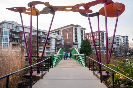A bridge has a curved clear span over the river in Greenville, Sのeditorial素材