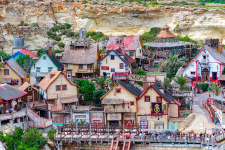 View of the famous village Popeye and bay on a sunny day. Anchorのeditorial素材