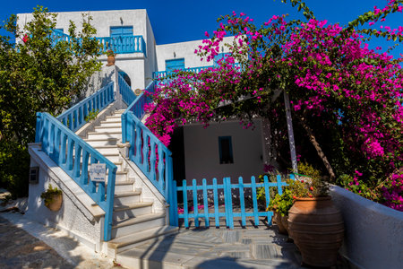 Stucco building and pink bougainvillea in the Greek Islandsのeditorial素材