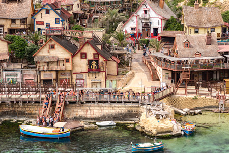 View of the famous village Popeye and bay on a sunny day. Anchorのeditorial素材