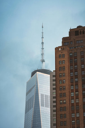 skyscrapers in the city Manhattan New York foggy skyのeditorial素材