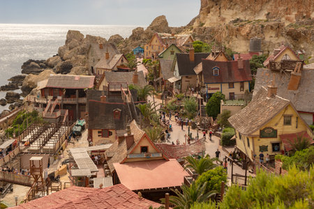 View of the famous village Popeye and bay on a sunny day. Anchorのeditorial素材