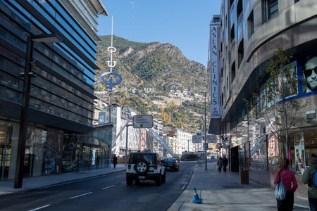 Andorra La Vella, capital, Meritxell main comercial Street, Andorra.のeditorial素材