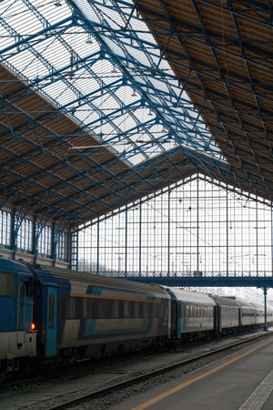 Train inside the glass and metal building of the railway stationのeditorial素材