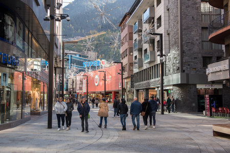 Andorra La Vella, capital, Meritxell main comercial Street, Andorra.のeditorial素材