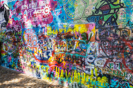 Lennon Wall - Graffiti covered wall inspired by Lennon in the Pragueのeditorial素材