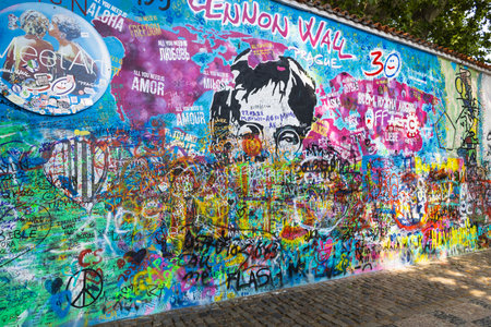 Lennon Wall - Graffiti covered wall inspired by Lennon in the Pragueのeditorial素材