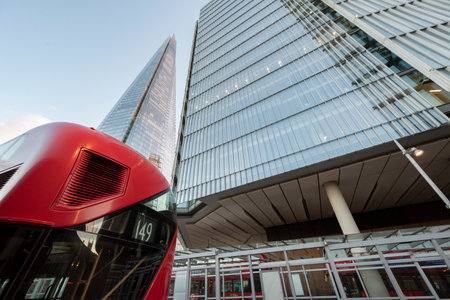 Bus parked in the bus station of London Bridge Station near The Shardのeditorial素材
