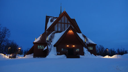 the church in the center of Kiruna in Sweden on a winter eveningのeditorial素材