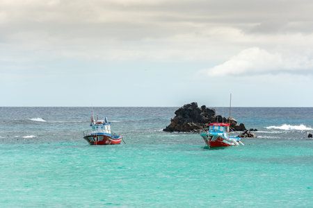 Boat in the sea near Isla Lobos in Fuerteventura in Spain.のeditorial素材
