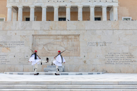 Greek soldiers guard the Tomb of the Unknown Soldier at parliamentのeditorial素材
