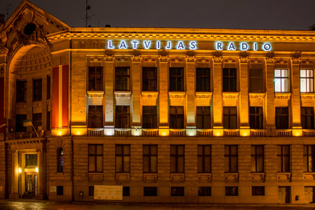 Autumn night on the street in Old Riga, Latvian radioのeditorial素材
