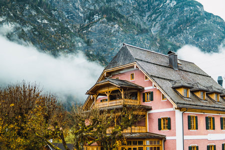 houses surrounded by trees and mountains Hallstattのeditorial素材