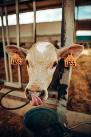 Young calf inside a stable sticking out its tongueのeditorial素材