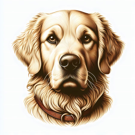 Close-up portrait of a Golden Retriever, showcasing its soft fur and expressive eyes.  The sepia tones add a classic, timeless feel.の素材