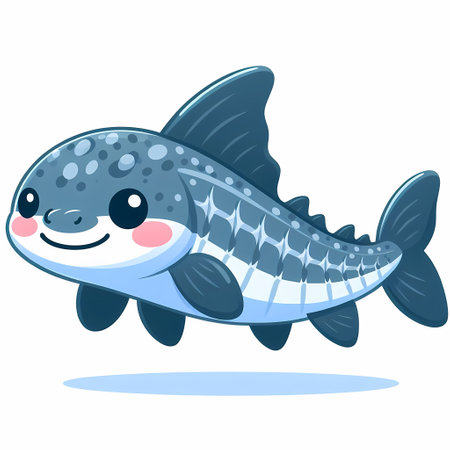 Adorable cartoon illustration of a cute shark with big eyes and a friendly smile, swimming in the ocean.  Perfect for kids' books or educational materials.の素材