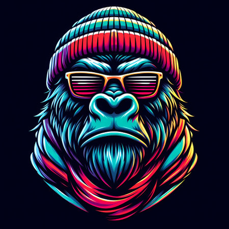 Cool gorilla wearing a beanie and shades. Vibrant colors and bold style. #gorilla #beanie #sunglasses #vectorart #illustrationの素材
