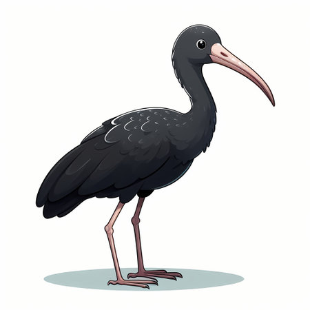 A cartoon-style black ibis standing gracefully on two legs, showcasing its long beak and sleek feathers.の素材