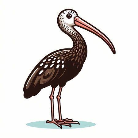 Illustration of a whimsical bird with a long beak, featuring a speckled dark body and a cheerful expression.の素材