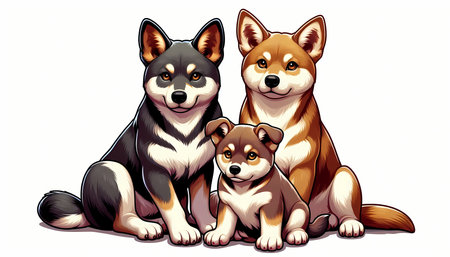 Three adorable cartoon Corgis posing together in a playful arrangement with bright colors.の素材