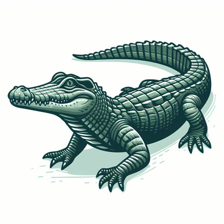 Stylized illustration of a crocodile with detailed scales and vibrant green tones.の素材